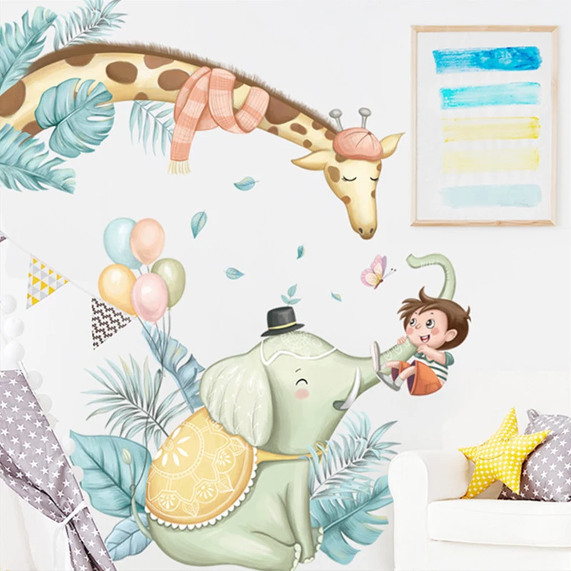 

Wall sticker new cartoon forest adventure elephant background wall sticker decoration children's room decoration sticker