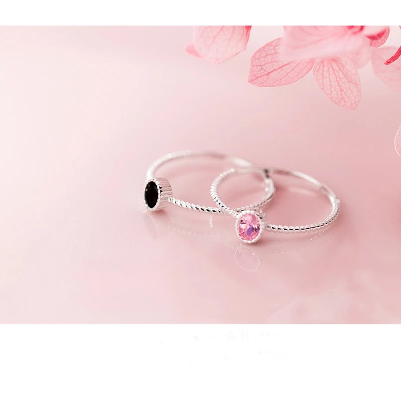 

Real 925 Sterling Silver Single Zircon Rings Simple Pink and Black Stone Stackable Ring Fine Jewelry
