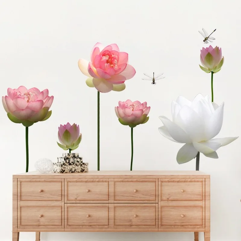 

Lotus Flower Wall Stickers for Living Room Waterproof TV Backdrop Decor Aesthetic Art Decals Bedroom Large Size PVC Wallpaper