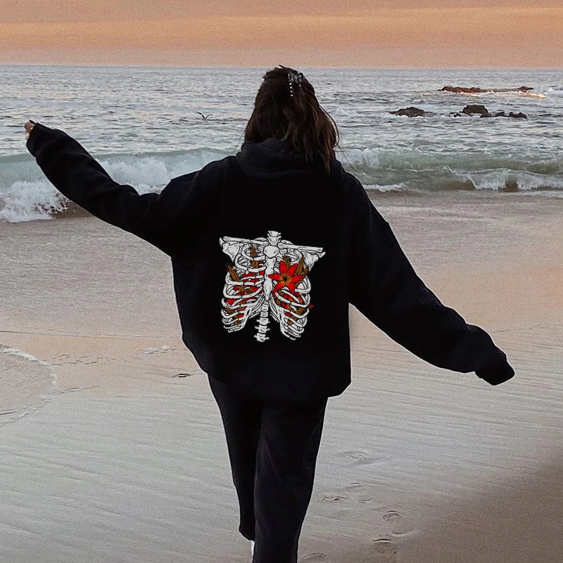 

90s Skeleton Print Gothic Streetwear Long Sleeve Zip Hoodie Y2k Grunge Clothes Sweatshirt Fashion Retro Punk Sport Coat Pullover