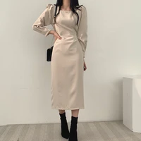 new korean elegant temperament womens autumn chic long sleeve avant garde fashion waist closing thin and long lace up dress