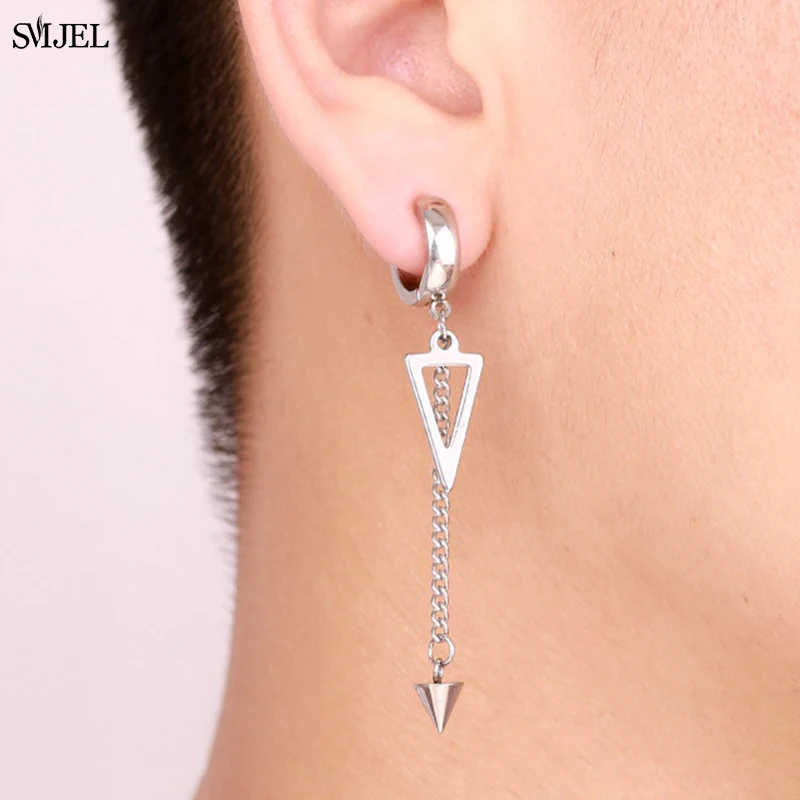 

Мужские длинные серьги SMJEL из нержавеющей стали, серьги-кольца с черной треугольной звездой, модные серьги-кольца в стиле хип-хоп, 2021