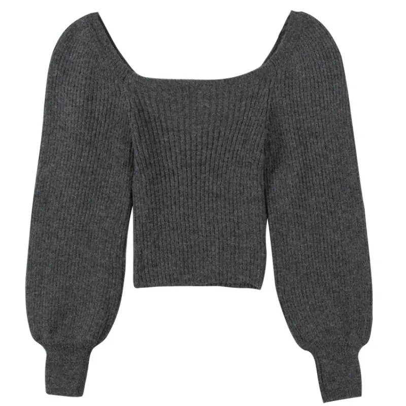 

Slim Fit Knitted Sweaters Women's Clothing Short 2020 Autumn and Winter New Square Collar Lantern Sleeve Pullover Base Smock Top