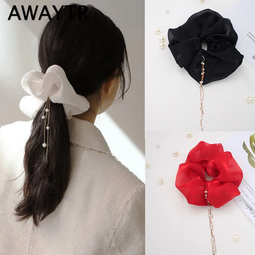

AWAYTR Korean Pearl Tassel Organza Scrunchie for Women Rubber Bands Elastic Hair Bands Hair Tie Hair Accessories Ponytail Holder
