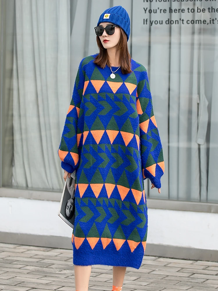 

Fashion Plaid Long Round Neck Sweater Skirt Women's Autumn/Winter 2021 New Loose Large Size Thick Knit Skirt
