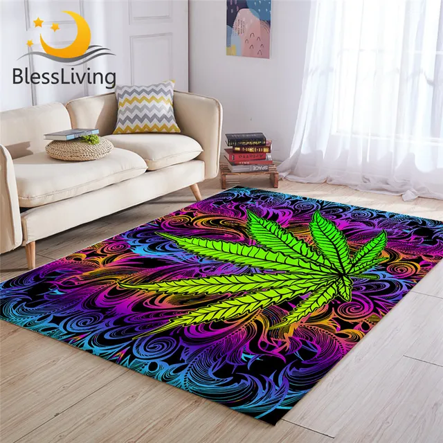 BlessLiving Trippy Living Room Rug Green Leaf Maple Floor Carpet Psychedelic Large Rug For Bedroom Colorful Tapis Salon Dropship 1