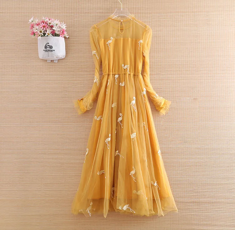 Высококачественное осеннее женское Сетчатое платье с вышивкой в виде лебедя