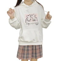 japanese aesthetic kawaii hoodies women pullover cute cat graphic cartoon print hooded sweatshirts girls anime clothes white