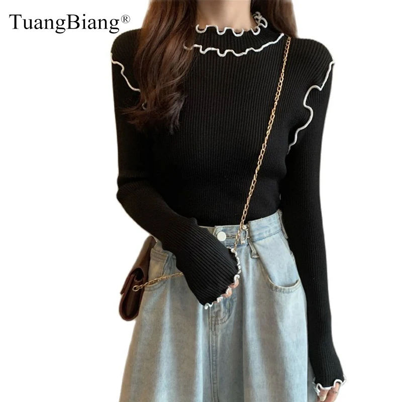 

TuangBiang 2021 Ruffled Collar Autumn Turtleneck Pullovers Long Sleeve Ruched Sweater Patchwork Slim Winter Elastic Knitted Tops