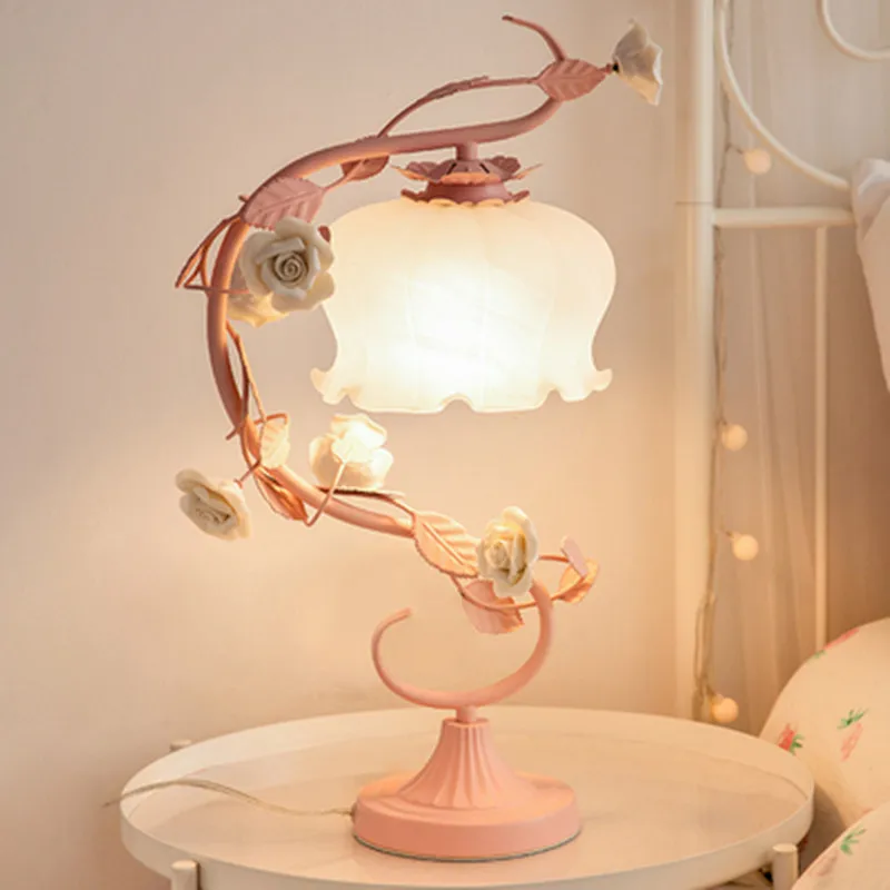 

European Pink Flower Table Lamps for Living Room Bedroom Glass Desk Lamp Led Stand Light Fixtures Girls Princess Wedding Decor