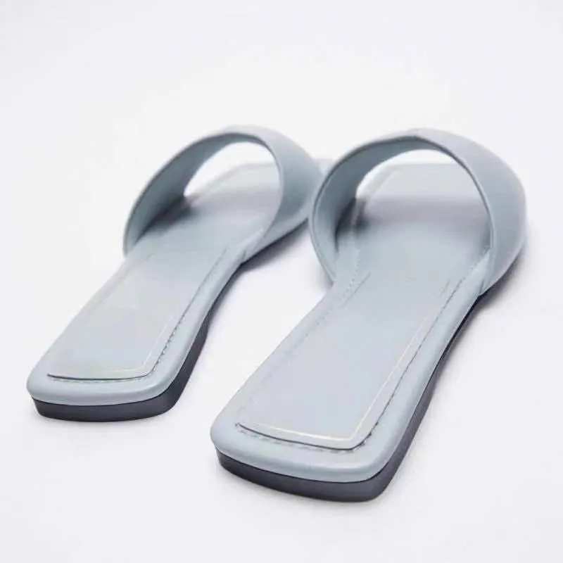 

Flat Shoes Female Woman's Slippers Square Toe Slides 2021 Summer Soft Basic PU Rome Microfiber Casual Rubber Leisure Female Shoe