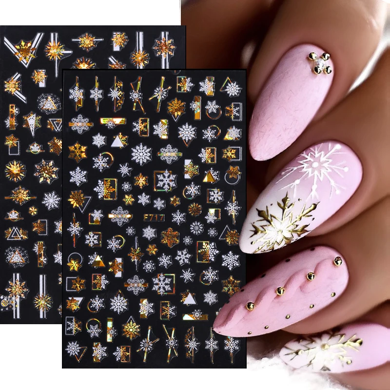 

Gold Christmas Snowflake 3D Nail Stickers Sparkly Iridescent Silver Xmas Tree Elk Deer Transfer Sliders Winter Nails Accessories