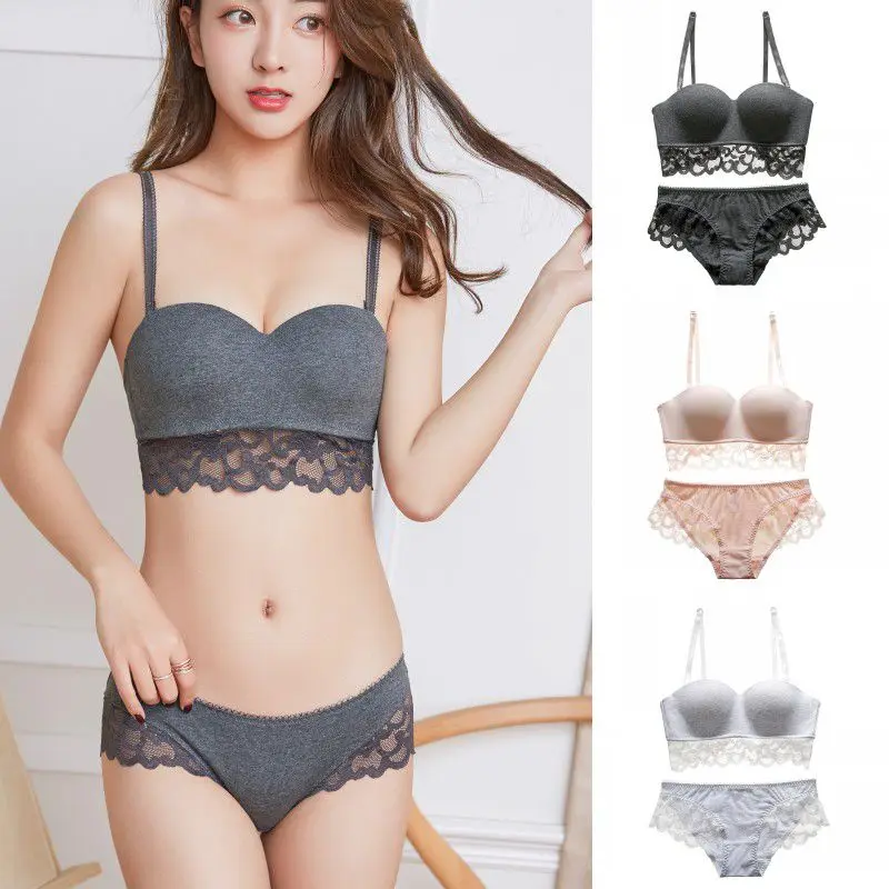 

Women Pure Cotton Lace Bra No Trace No Steel Ring Thickening Gathered Bra Underwear Set Detachable Shoulder Strap Bra