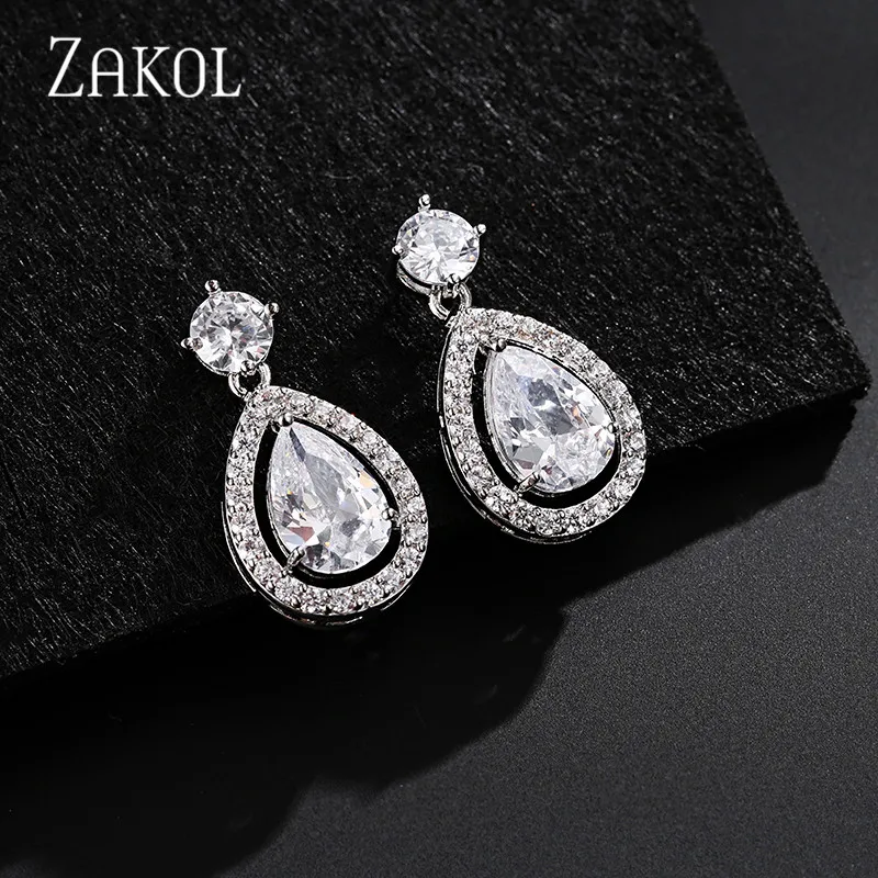 Длинные серьги в виде капель из белого/розового/желтого золота от ZAKOL, женские серьги-капельки с прозрачным кристаллом для ногтей, ослепительный свадебный подарок FSEP2263