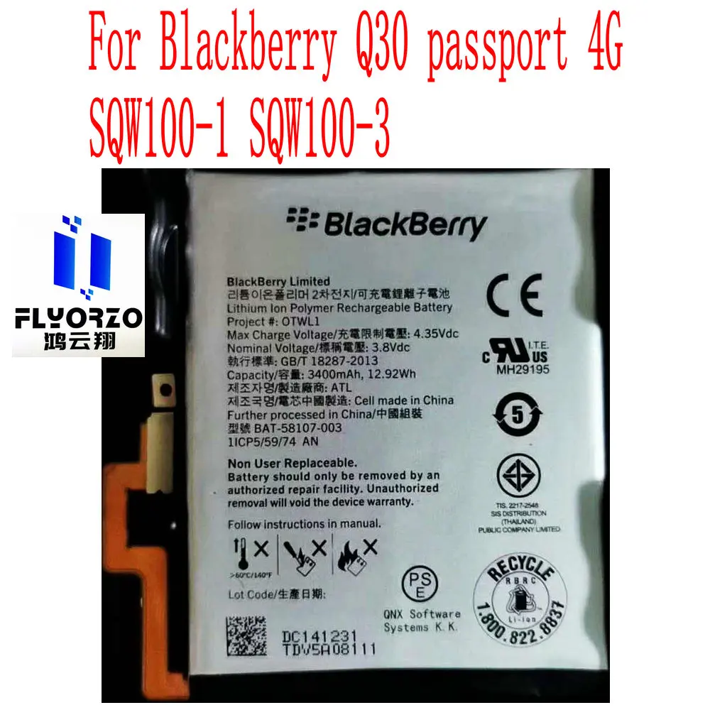 

100% Brand new original 3400mAh BAT-58107-003 Battery For Blackberry Q30 passport 4G SQW100-1 SQW100-3 Mobile Phone