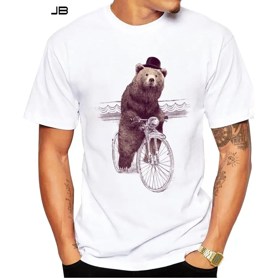 

Riding Bear Men T-Shirt 2019 Summer Short Sleeve T Shirt Fashion Brown Bear Vintage Printed Tee O-Neck Casua; Tops