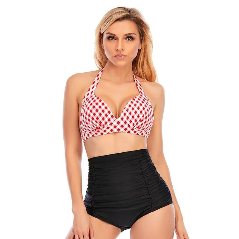 

2021 New Arrival Summer Fashion Bikini High Waist Strap Plaid Printed Bikini Elegant Retro Bikini Two-Piece Set