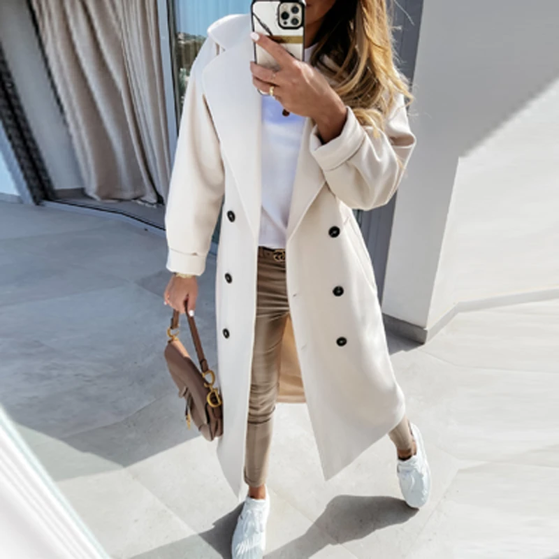 

Autumn Winter Long Sleeved Blazer Cardigan Sexy Double Breasted Elegant Office Lady Tops Coat Women Notched Collar Solid Outwear