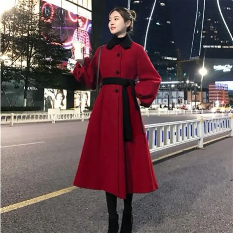 Autumn Winter Red Black Woolen coats Women Lantern Sleeve Wool&ampblends Long Coat Casual Loose Wool Jacket Female Outwear |