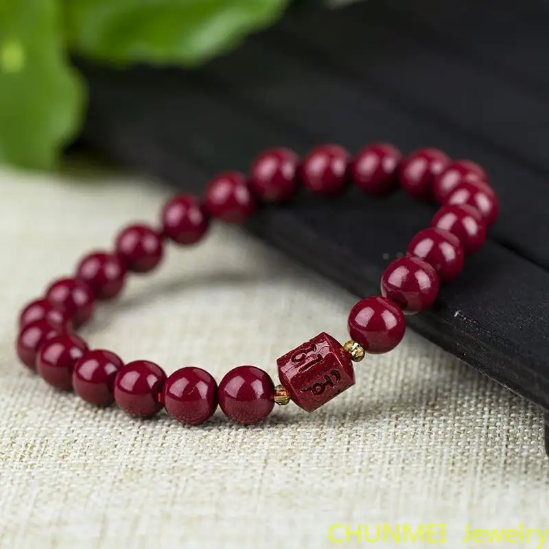 

Hand Made Carved Cinnabar Six Word Truth Bucket Bead Bracelet High Content Cinnabar Bracelet Classic Round bead