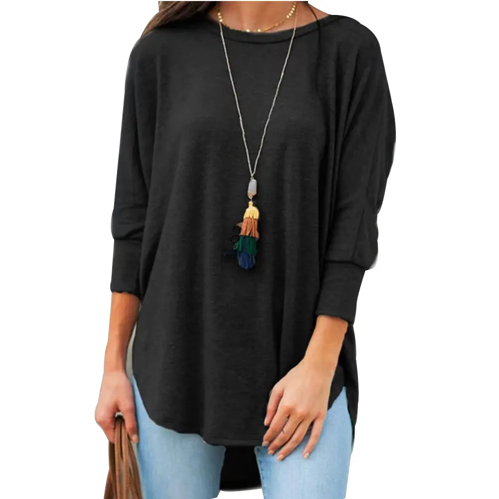 Осенние женские футболки с асимметричным подолом однотонные круглым воротником