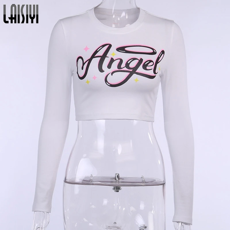 

LAISIYI Cute Long Sleeve Letter Print T Shirts Sweet Angel White Crop Top Women Autumn Streetwear Skinny Sexy Club Tops Femme