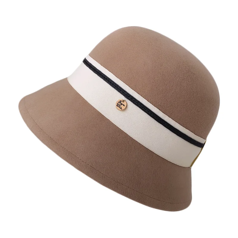 

Fashion Wool Fedora Hat Women Solid Color Simple Bucket Hat For Female Autumn Winter Wool Chic Metal pendant Fisherman Hat