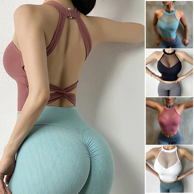 

Mesh Insert Criss Cross Back Sports Bra Gathering Yoga Bra Vest Comfortable Underwear Beauty Back Sports Bra For Women M