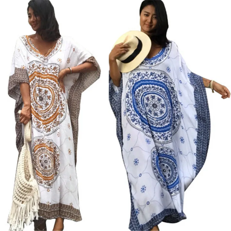 Женское летнее пляжное платье хлопок этнический принт кафтан макси 2020 свободное