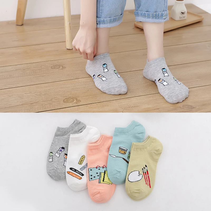 5 пар женские короткие носки милые хлопковые с граффити и милыми мультяшными