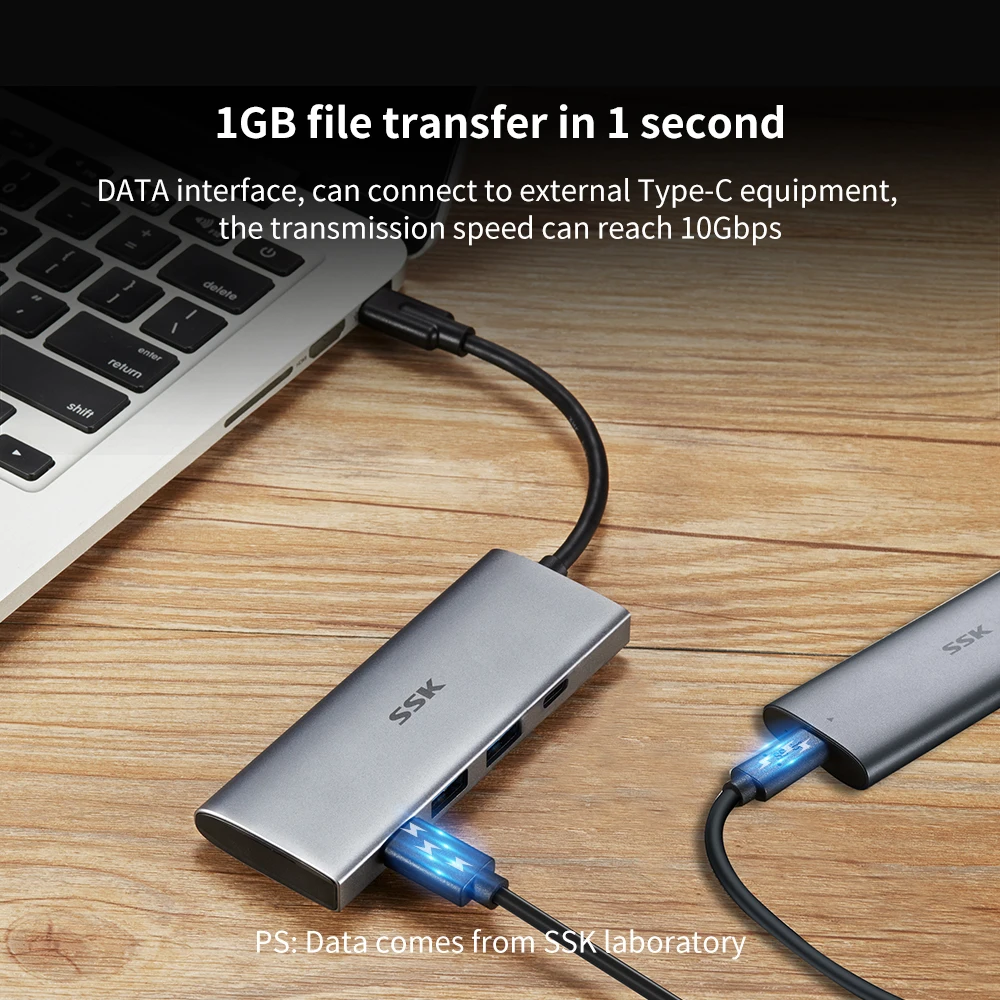 Концентратор SSK USB C 10 Гбит/с многопортовый адаптер 4 в 1 Type высокоскоростная