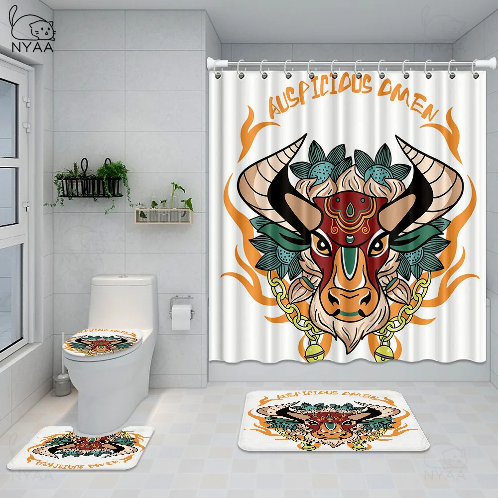 

Cute Cow with New Year Bathroom Shower Curtain Mat Set Non Slip Rugs Carpet For Bathroom Toilet Bath Bathroom Accessories Decor