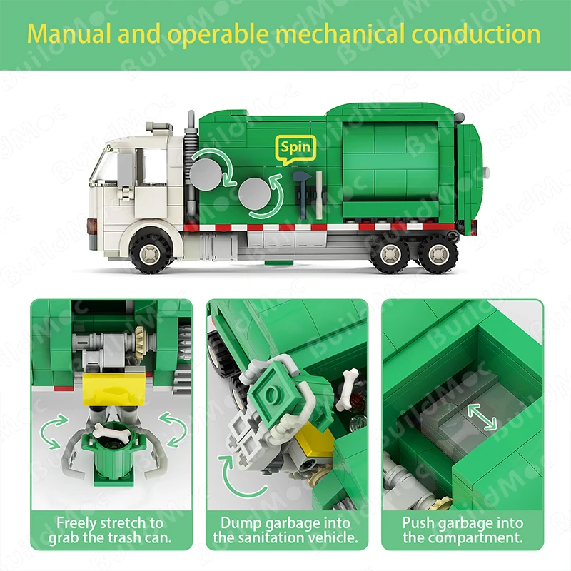 

BuildMoc high-tech Green White Car Garbage Truck City Cleaner Children Diy Toy Building Blocks birthday Gift Model Set