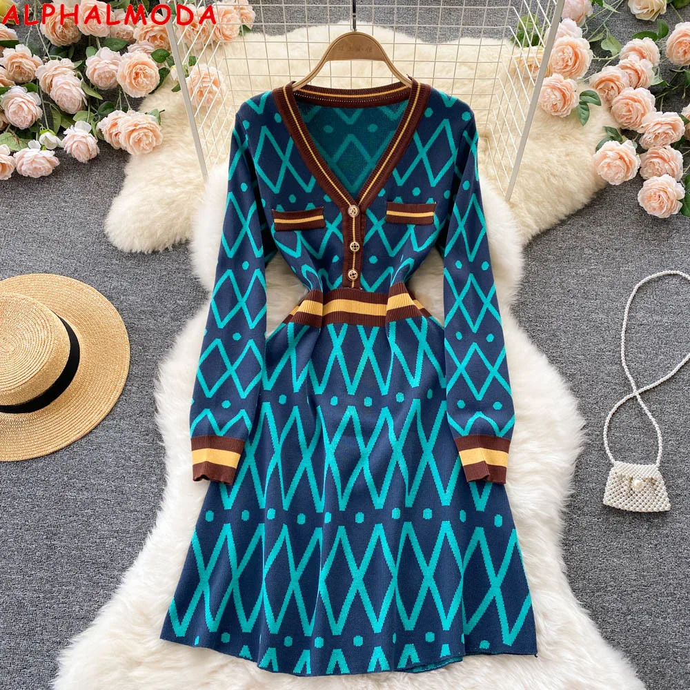 

ALPHALMODA 2021 Autumn New Women Vintage Knitted Dress V-neck Color Contrast Fashion Winter Design Dress