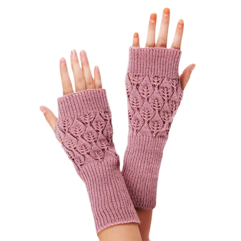 

Women Autumn Crochet Hollow Out Leaves Half Finger Gloves Solid Color Acrylic Knitted Stretchy Warm Fingerless Mittens T