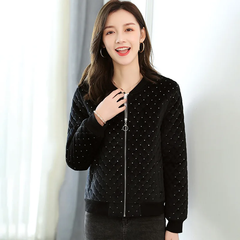 Black Jacket Women 2021 Autumn Winter New Stand Collar Long Sleeved Sequined Polka Dot Straight Zipper Short Outerwear M-3XL