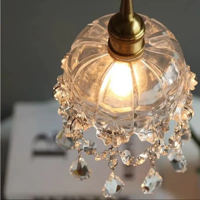 Nordic Retro Brass Glass Chandelier Simple Modern Bedside Balcony Crystal Lamp