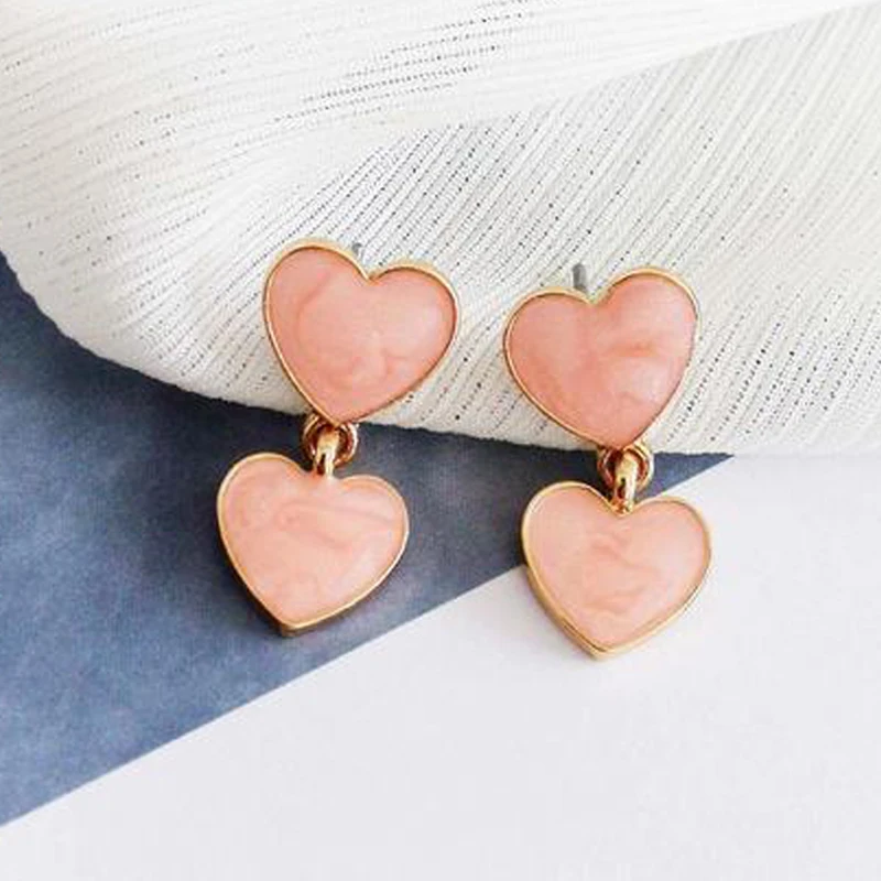 Милые романтичные серьги гвоздики в японском стиле с двойным сердцем розового и