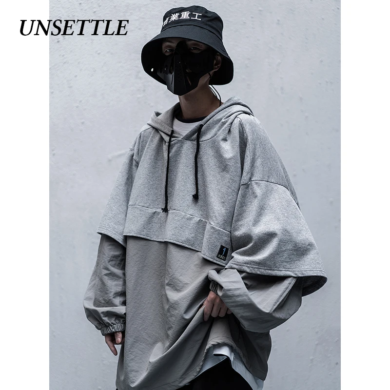 UNSETTLE 2020SS Men/Women Harajuku Japanese Hooded Fake two Hoodie Casual WindbreakerCoats Hip Hop Streetwear Male tops | Мужская одежда