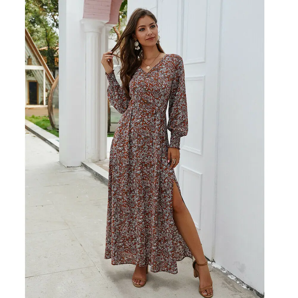 Женское Праздничное Платье макси с длинным рукавом Осенний длинный сарафан в