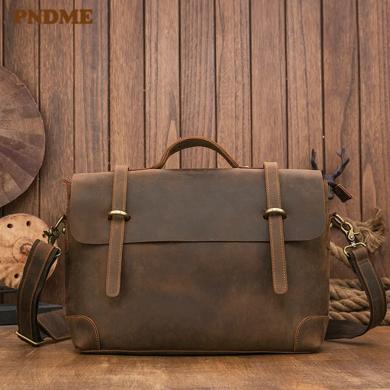 Retro simple designer natural crazy horse cowhide men's briefcase business luxury genuine leather work laptop messenger bag
