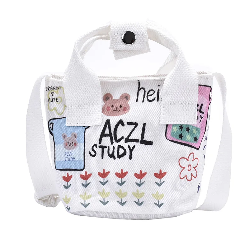 

Japanese Casual Cute Small Bag Female 2020 New Canvas Bag Korean The Fashion Cartoon Graffiti Alphabet Wild Messenger Bucket Bag