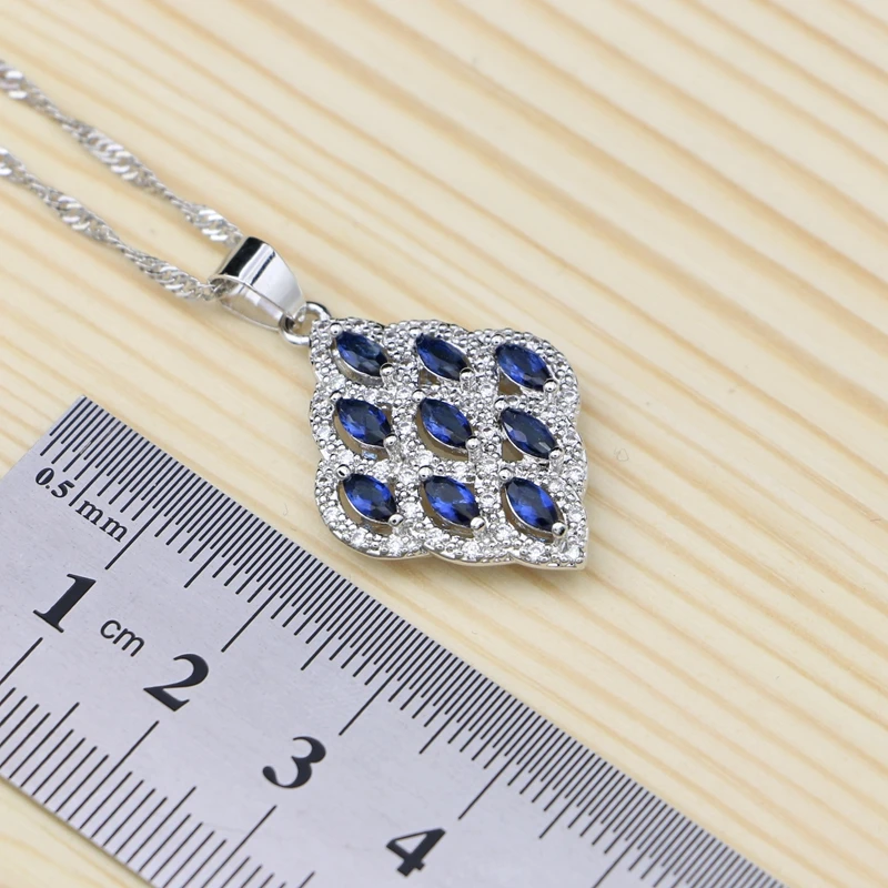 Blue Stones Jewelry Sets Of Silver 925 For Women Square Accessories Ring/Bracelet/Necklace/Pendant/Stud Earrings Set | Украшения и