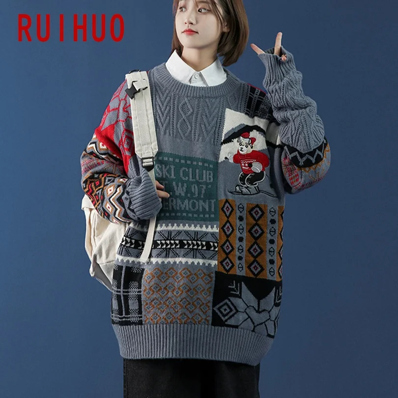 

RUIHUO Vintage Knitted Sweater Men Clothing Pullover Men Harajuku Sweater Streetwear Sweaters Korean Clothes 2XL 2021 Spring