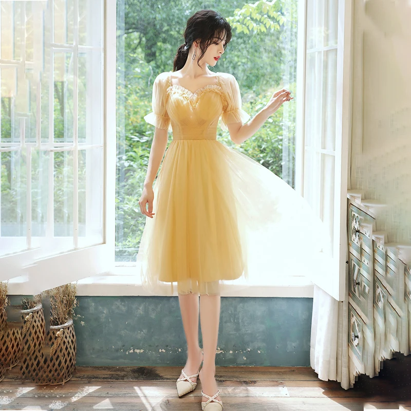 

Bridesmaids Dresses Illusion V-Neck Short Pleat Off The Shoulder Knee-Length A-Line Luxury Yellow Women Wedding Party Gown E741