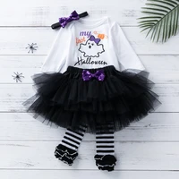 new 0 24m baby girls festival set with headwear cartoon letters long sleeve triangle romper infant black skirt and socks cover