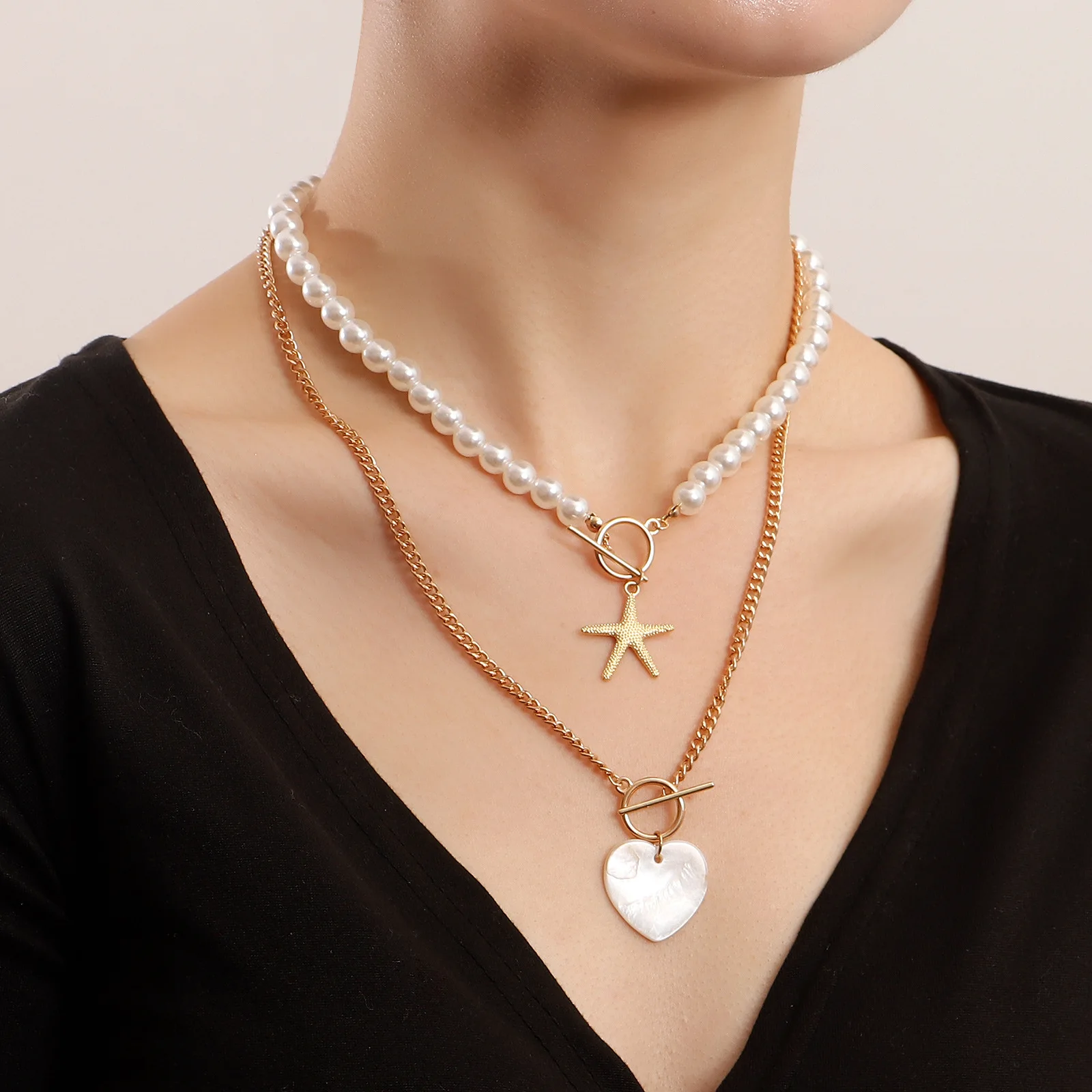 

Trendy Double-layer Starfish Mother-of-pearl Heart Pendant Necklace for Women Pearl Chain Choker Necklace y2k New Jewelry