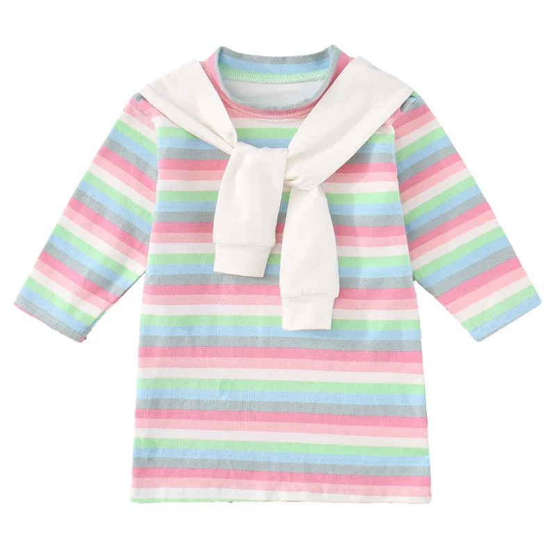 

2020 Autumn New Rabbit Shawl Color Stripes Sweater Dress Long Sleeve Girls Coat Long Shirt