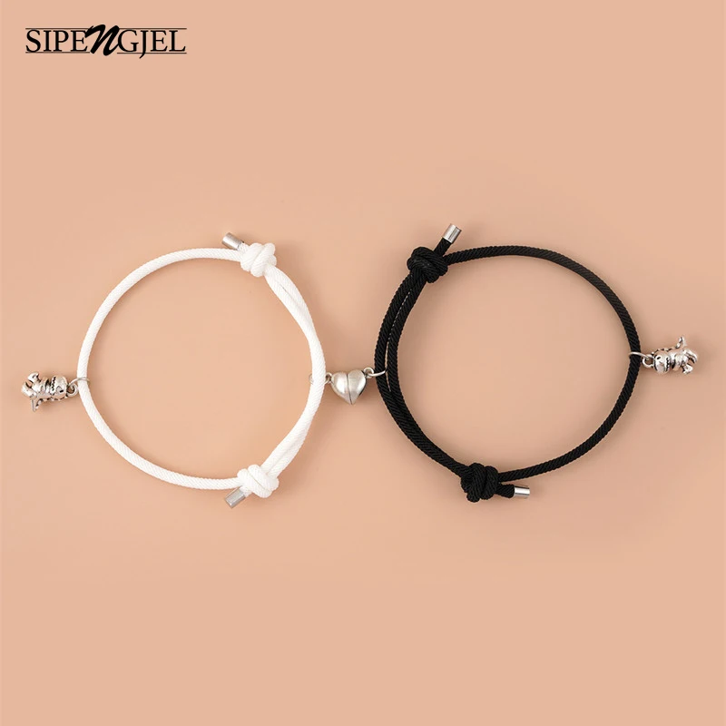 

SIPENGJEL Fashion Cute Three-dimensional Small Dinosaur Pendant Love Magnetic Buckle Love Couple Bracelet On Hand Jewelry Set