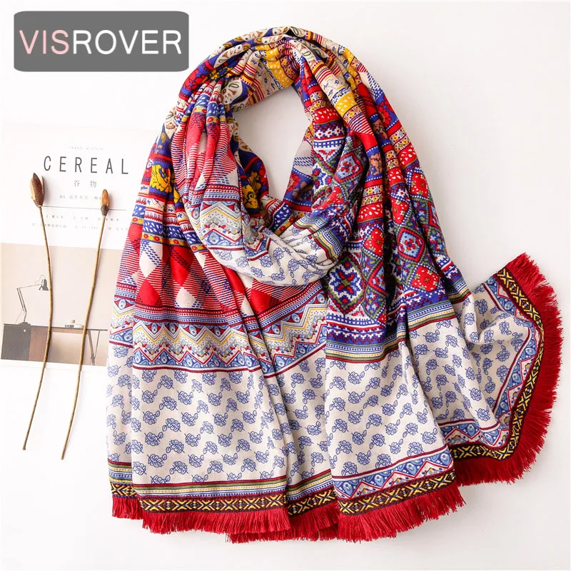 

VISROVER 2021 red geometric printing viscose summer scarf with tassel Fashion beach Wraps Spring Shawls Hijab gift wholesales